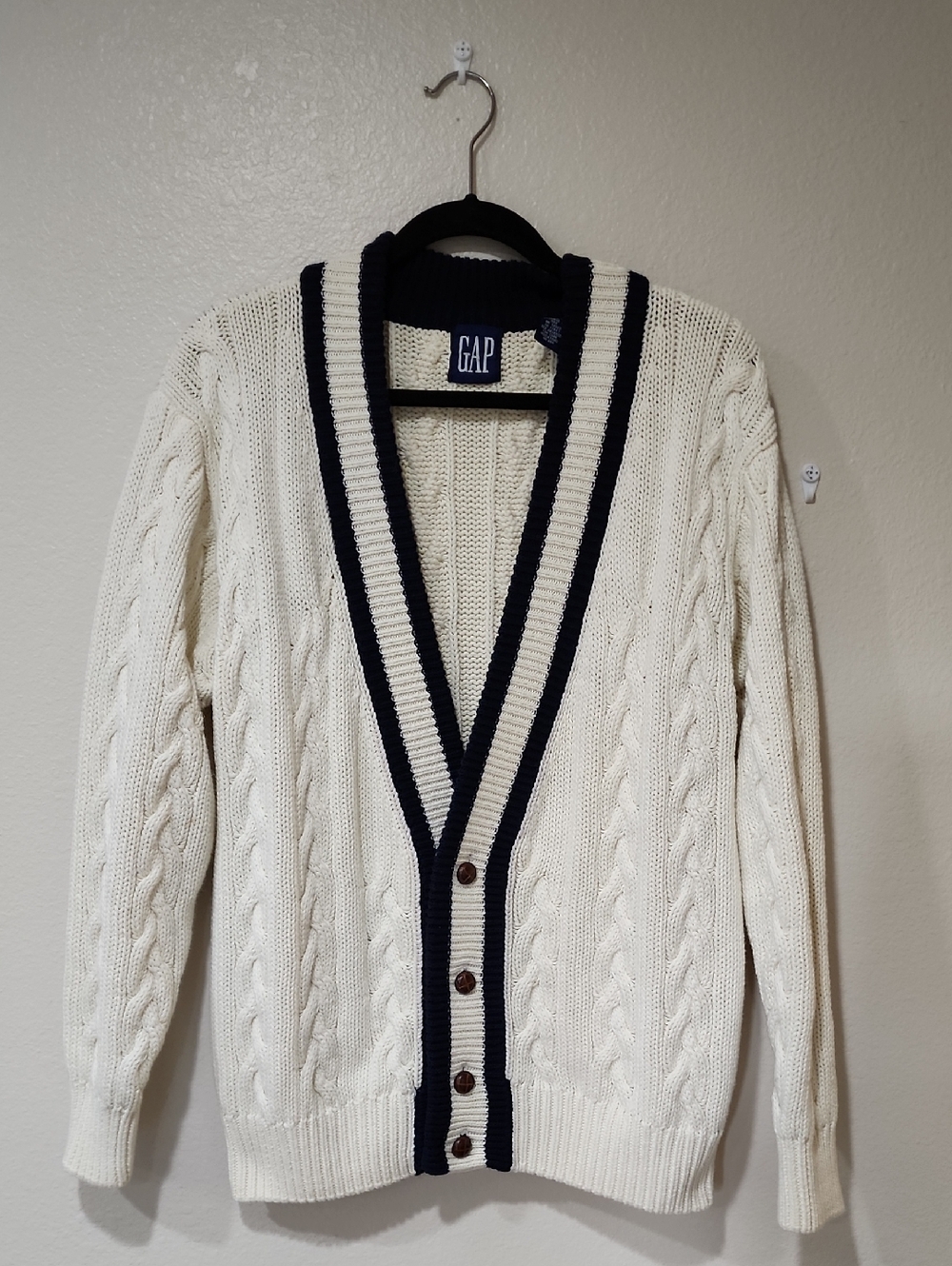 Vintage Gap Cardigan Cable Knit 100% Cotton Navy Cream Tennis Preppy size Med